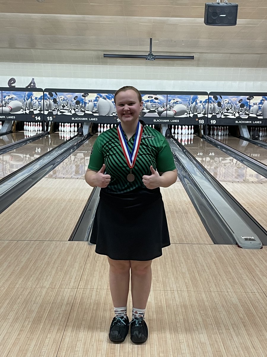 GHSGirlsBowling's tweet photo. This is what Conference Champs look like! Allyson received a 6th place medal for her 6-game high series. Congratulations! #ghsgirlsbowling #champs #firsttimewinning https://t.co/C8nuCtGgss