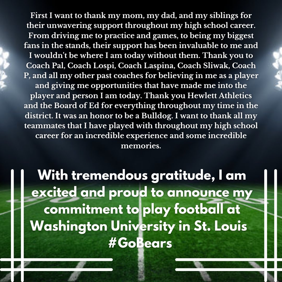 #COMMITTED WashU ‘27🐻
•
•
•
<a href="/CoachAaronKeen/">Aaron Keen</a> <a href="/BrianPAllen3/">Brian P Allen</a> <a href="/kindboml/">Larry Kindbom</a> <a href="/MuellerFBCoach/">Scott Mueller</a> <a href="/WASHUBears/">WashU Bears</a> <a href="/washufootball/">WashU Football</a> <a href="/Coach_Pal/">Coach Palladino</a> <a href="/HWPSBulldogs/">Athletics/PE</a>