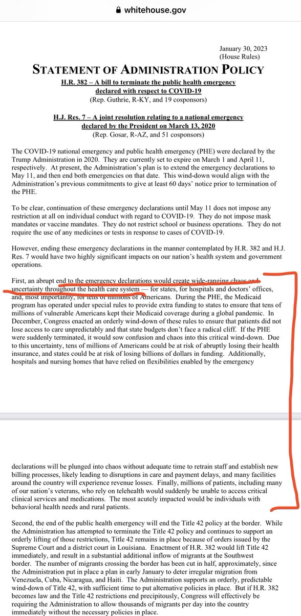 🤦🏻‍♂️Wait, why are we ending #COVID emergency again? “An abrupt end to the emergency declarations would create wide-ranging chaos and uncertainty—for states, for 🏥 &amp; doctors’ offices, and, most importantly, for tens of millions of Americans” says <a href="/WhiteHouse/">The White House</a>
whitehouse.gov/wp-content/upl…