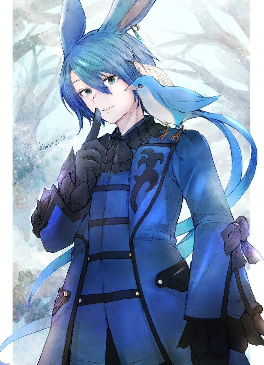 avatar (ff14) animal ears 1boy rabbit ears gloves male focus animal on shoulder blue hair  illustration images