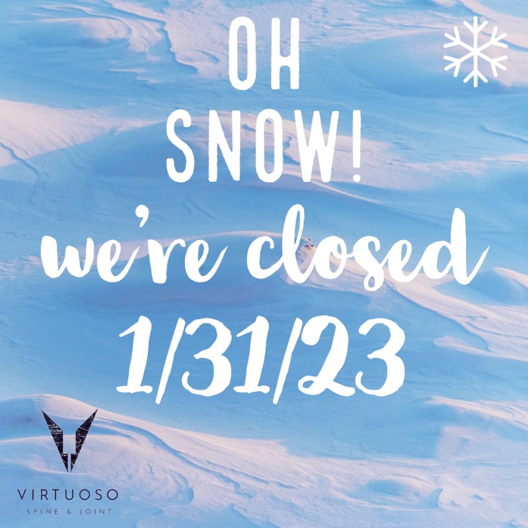 VirtuosoSpine's tweet photo. DFW is expecting icy weather that may cause unsafe driving conditions.
We’ll be closed Tue, Jan 31, 2023 for the safety of our patients and staff. Stay warm!
#virtuosospineandjoint #interventionalspine #dallas #texas #dfw #icy #weather #snowday #wereclosed #ice #schoolsout https://t.co/FzIZGnfmkq