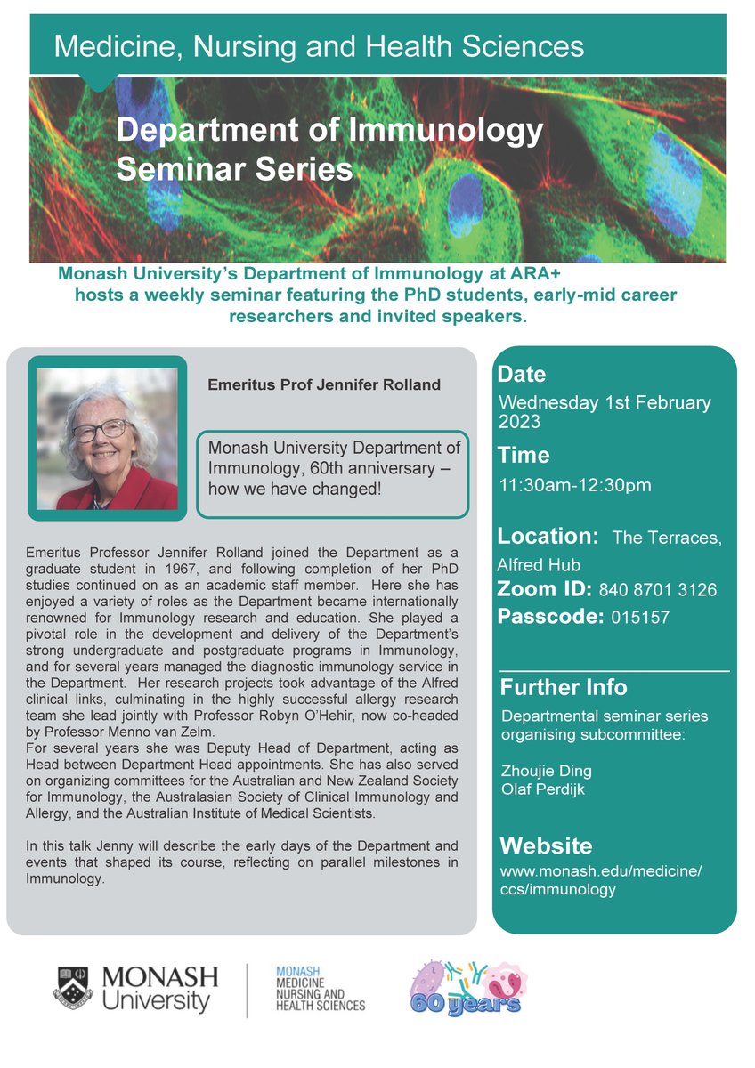 Monash University STM Department of Immunology (@monashimmunol) on Twitter photo Department of Immunology and Pathology is celebrating its 60th anniversary this year! #60yearsMonashImm
First seminar of our special departmental seminar series will be on Feb 1st from Emeritus Professor Jennifer Rolland. See Flyer below. @MonashCCS <a href="/ImmunoGroupVic/">ASI VIC TAS branch</a> <a href="/MonashBDI/">Monash Biomedicine Discovery Institute</a> Department of Immunology and Pathology is celebrating its 60th anniversary this year! #60yearsMonashImm
First seminar of our special departmental seminar series will be on Feb 1st from Emeritus Professor Jennifer Rolland. See Flyer below. @MonashCCS <a href="/ImmunoGroupVic/">ASI VIC TAS branch</a> <a href="/MonashBDI/">Monash Biomedicine Discovery Institute</a>