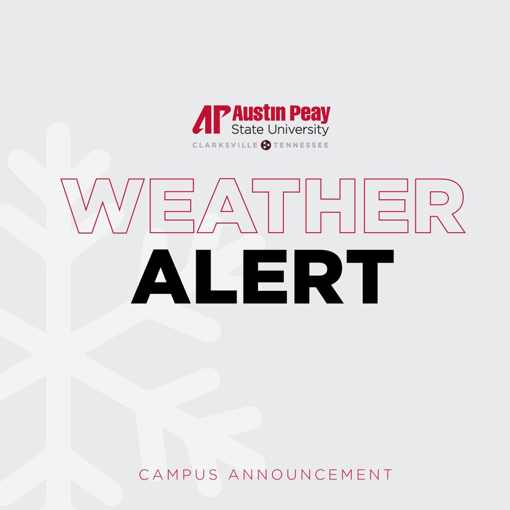 austinpeay's tweet photo. APSU ALERT: On-ground classes canceled on Tuesday, Jan. 31. Employees will shift to remote operations. See campus email for information! ❄️❄️ https://t.co/3wQPSECExj