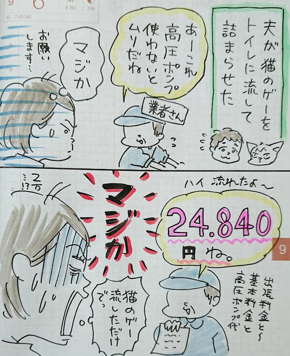 3年前、猫のゲーをトイレに詰まらせて24,000円が飛んだのいまだに乗り越えれてない…
#絵日記 #過去作 