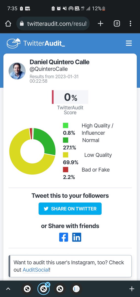 Uribemup's tweet photo. @QuinteroCalle @elcolombiano Y qué crees que significa que el 70% de las cuentas son de baja calidad? Sólo el 28% de tus seguidores son reales. Por eso te da un puntaje de 0% 🤡 https://t.co/ruJD9FJm0Y