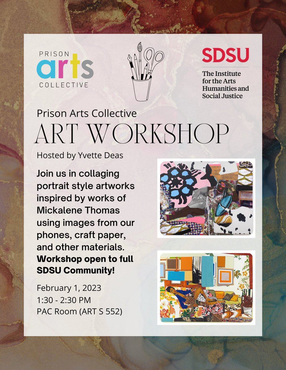 Join PAC for an Art Workshop inspired by the works of Mickalene Thomas hosted by Yvette Deas this Wednesday, February 1, in the PAC room at 1:30! Anyone in the SDSU community is welcome. Feel free to come late or leave early. See you there!