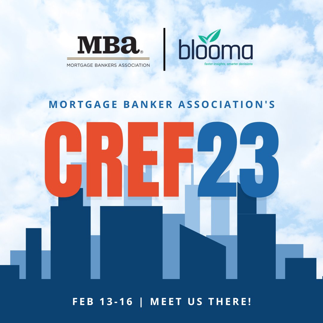 @MBAMortgage's #CREF2023 is right around the corner.

Click the link to find out how Blooma is helping #CRE professionals respond first and reduce risk.

Spend time making decisions, not data entry.

Let's connect 🤝 bit.ly/3fiJdIL