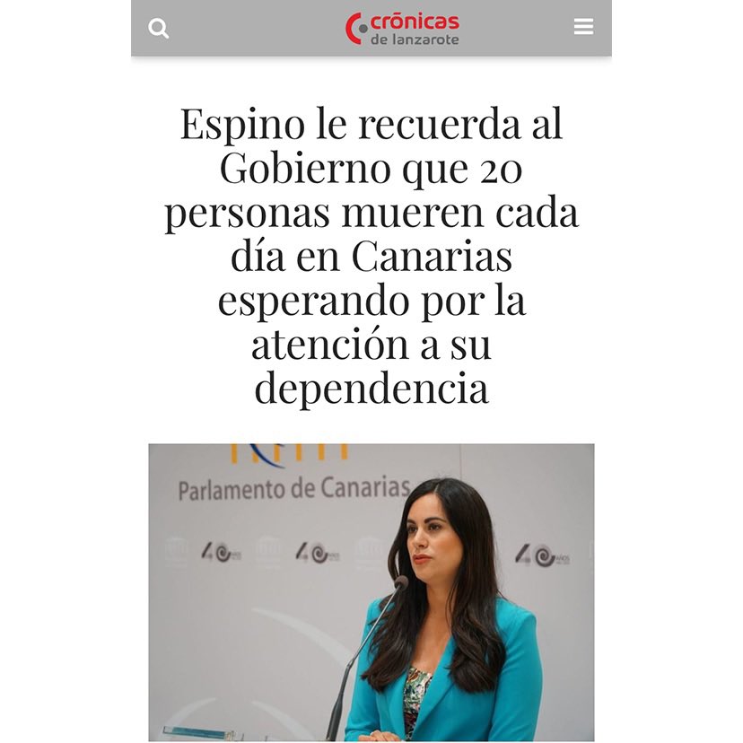 Espino le recuerda al Gobierno que 20 personas mueren cada día en Canarias esperando por la atención a su dependencia (Crónicas de Lanzarote) 

#compartelarealidad #Burlonas #murgassc1 <a href="/HGonar/">Humberto Gonar</a> <a href="/Lolita_Pluma/">🇮🇨Lolita_Pluma🇮🇨 </a> <a href="/PedroMengibarTF/">Pedro Mengibar</a> <a href="/murgueromajader/">Murguero Majadero </a> <a href="/mdaswani/">MANOJ DASWANI 🏴󠁧󠁢󠁳󠁣󠁴󠁿</a> <a href="/juanjo_ramos/">𝑱𝒖𝒂𝒏𝒋𝒐 𝑹𝒂𝒎𝒐𝒔</a>