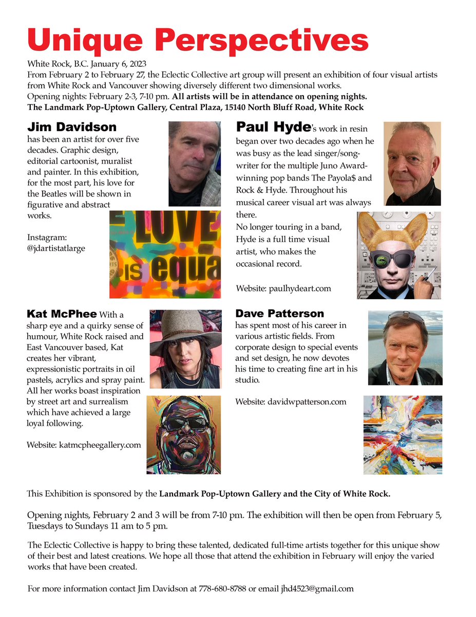 Looking forward to this art show with Paul Hyde, former lead singer/songwriter for the Payola$