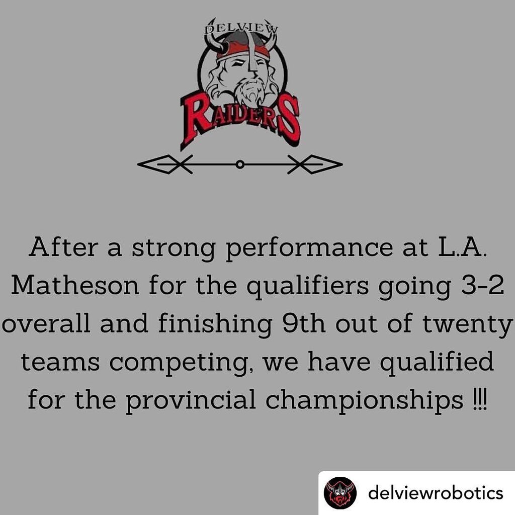 delview's tweet image. instagr.am/p/CoD1z1OvtA0/ Posted @withregram • @delviewrobotics After a strong showing during the qualifiers at La Matheson , the FTC Robotic Raiders have qualified to the provincial championships !!! # raiders #robotics #ftcrobotics