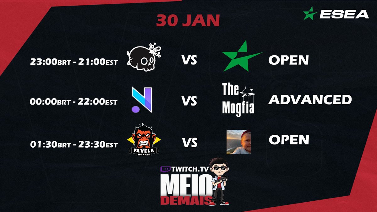 Meio_Demais's tweet photo. 🏆ESEA League Season 44 - NA 
-  #QUEOTA🇧🇷🆚🇺🇸#7cmGang - OPEN
⏰23:00BRT - 21:00EST
- @novumoficial 🇧🇷🆚🇺🇸#MOGFIA - ADVANCED
⏰00:00BRT - 22:00EST
- #FavelaMonkas🇧🇷🆚🇺🇸#Monkmode  - OPEN 
⏰01:30BRT - 23:30EST
🎙️@meio_demais
🎙️@feijoarthur 
📺https://t.co/o3VNPmOWmD https://t.co/wLFkFXqycZ
