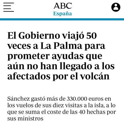 El Gobierno viajó 50 veces a La Palma para prometer ayudas que aún no han llegado a los afectados por el volcán. (ABC) 

#compartelarealidad #Burlonas #murgassc1 <a href="/HGonar/">Humberto Gonar</a> <a href="/Lolita_Pluma/">🇮🇨Lolita_Pluma🇮🇨 </a> <a href="/PedroMengibarTF/">Pedro Mengibar</a> <a href="/murgueromajader/">Murguero Majadero </a> <a href="/MurgasCanarias/">Murgas Canarias</a> <a href="/mdaswani/">MANOJ DASWANI 🏴󠁧󠁢󠁳󠁣󠁴󠁿</a> <a href="/juanjo_ramos/">𝑱𝒖𝒂𝒏𝒋𝒐 𝑹𝒂𝒎𝒐𝒔</a>