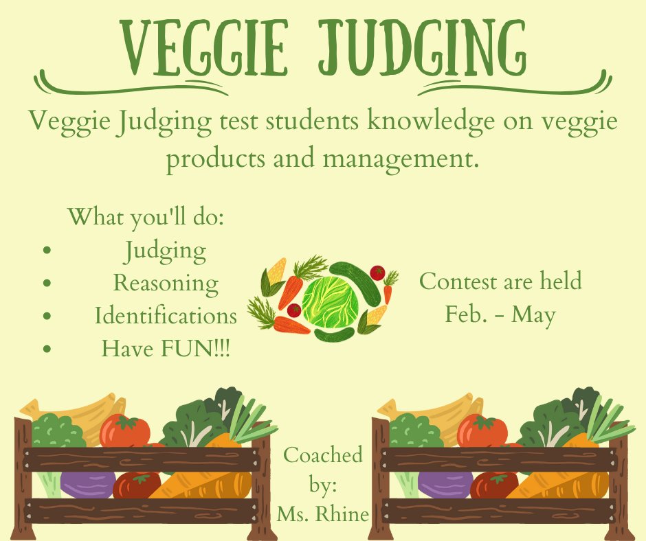 Are you interested in learning how to judge Veggies and learn more about their management? We'll Vegetable Judging is the right CDE team for you to join.

This CDE team consists of you judging, giving reasons, and learning how to identify veggies and their conditions.