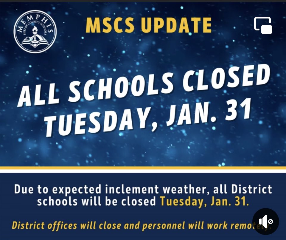 CherokeeES901's tweet photo. MSCS Update:
Due to expected freezing rain &amp; hazardous road conditions, all schools and offices will be closed on Tuesday, Jan. 31. All before/after-school activities are also postponed. Please stay warm and use caution. https://t.co/nYVaO3LKv0