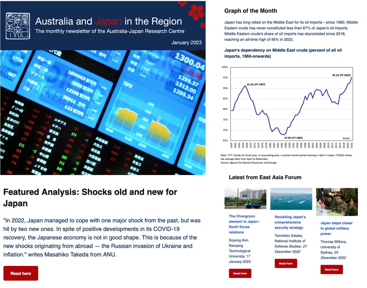 AJRC_ANU's tweet photo. The January issue of the ‘Australia and Japan in the Region’ newsletter is out 🎉! This month, we analyse Japan’s tumultuous 2022 and what it means for the year ahead. Read it here 👉 https://t.co/D2lv9y2xy8 

Subscribe here 👉 https://t.co/cQSKrYsk6H https://t.co/uDkrUtN9zU