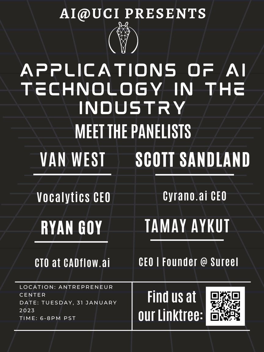 Join us for an exciting panel discussion on the applications of AI Technology in the industry. AI@UCI brings together top AI experts and founders from AI startups to share their insights and answer your questions: Tue, Jan 31, 2023 from 6-8pm #AIinIndustry #UCAI #ai #appliedai