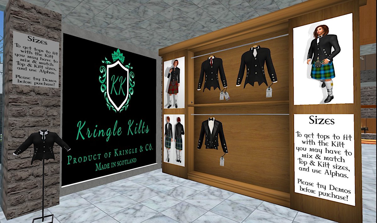 KringleCo's tweet photo. Kringle Kilts is now open in the new wing of #KringleCo in the region of Dornoch. Come by and see our selection of ready made Scottish kilts, shoes and accessories or get a custom made in your family tartan! #SecondLife #KringleKilts https://t.co/8prt1VhsID https://t.co/v0emfzB8AV