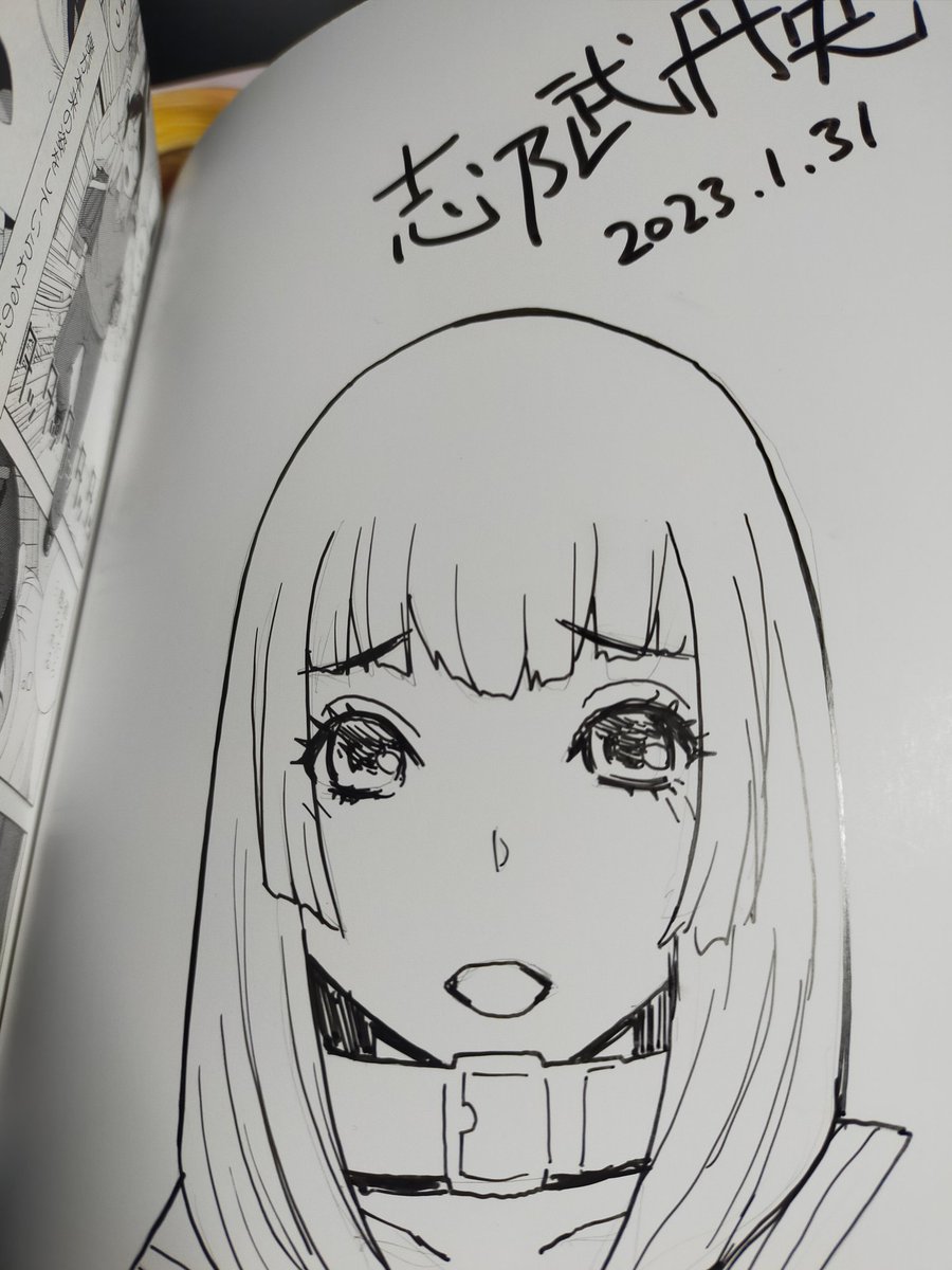 朝のサイン本活動。
まだ、こうと決めた絵からアドリブができない。慣れたら口や眉くらいは表情も変えられるかな。
それくらいテンパる
一個サインにハナマルついてるのはインクをズったあと隠しw 