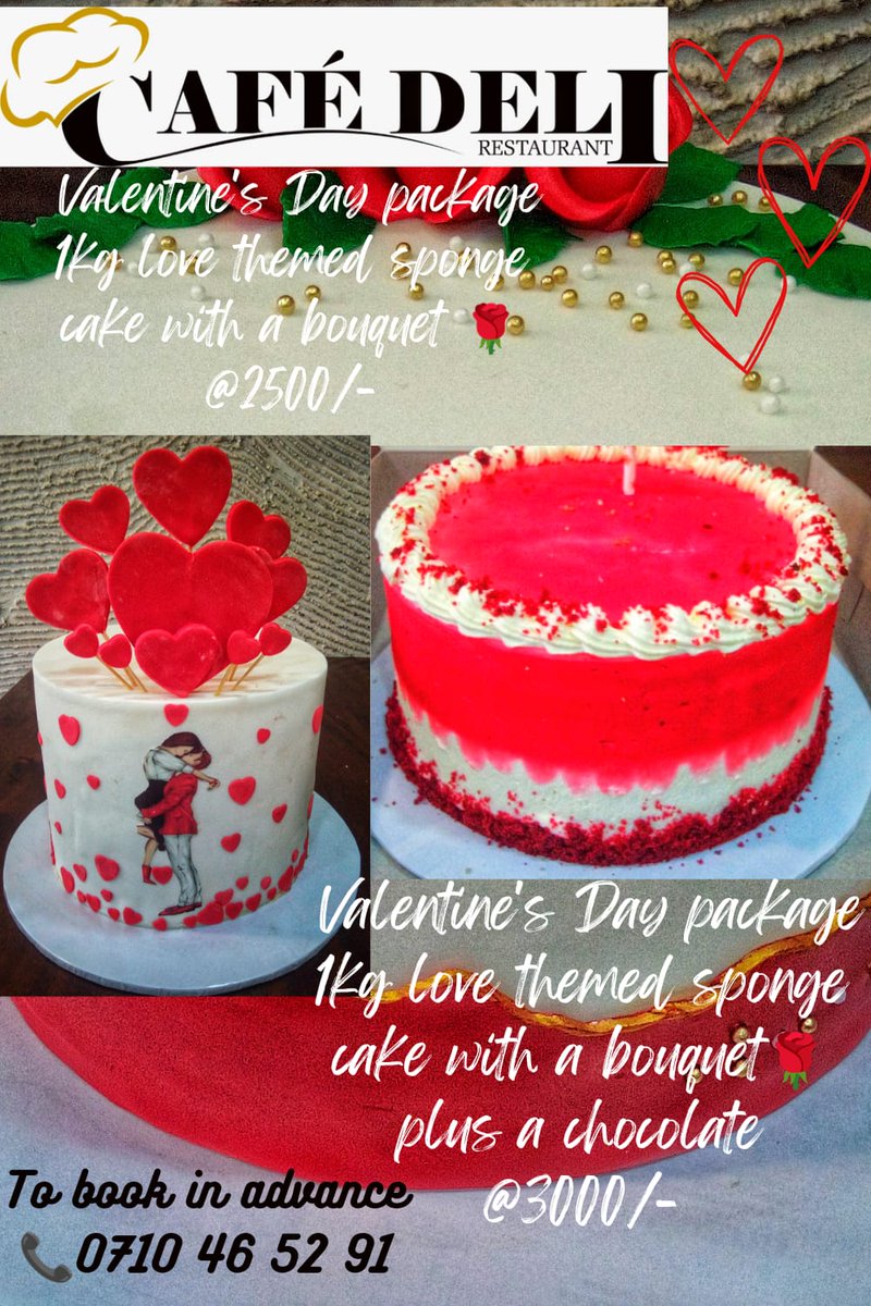 Looking for something really special this Valentine's? Show your affections with a delicious cake!

*Offer redeemable on Valentine's Day only* early bookings

Call us >> 0710465291

#cafedelicakes #cake #bestcakes #creamycakes #offer #discount #valentinesday #valentinesdayoffer