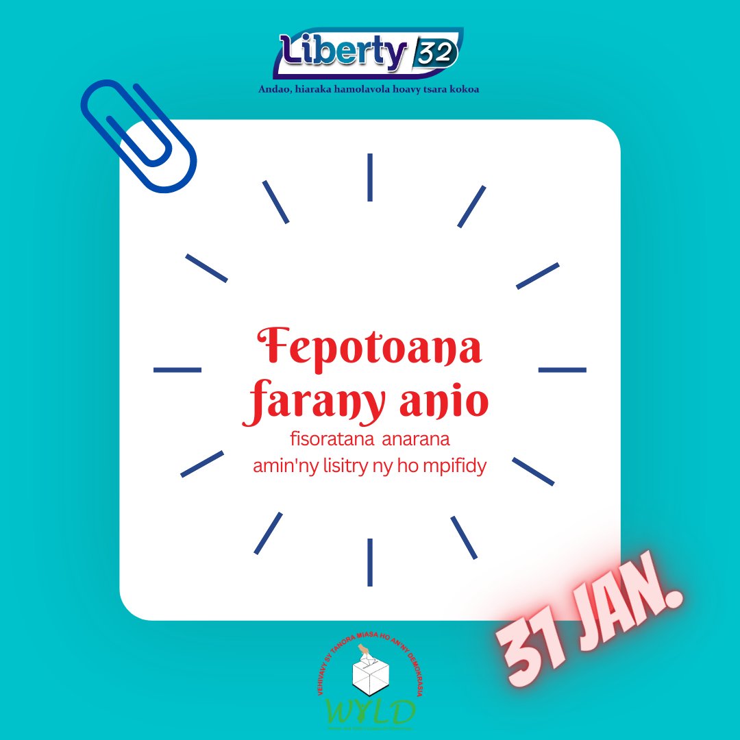 Liberty32_mg's tweet image. ⌛️Eh! 31 janoary  2023 ô! mbola manana fotoana tsara ianao zao maraina hatramin’ny rahariva hisoratana anarana ho isan&apos;ny mpifidy, raha efa nahavita ianao dia tena tsara ! 🫶
Aza avela handalo fotsiny ny fotoana,  🔔 Entano! Tairo! Ampio ny hafa!🇲🇬

#citoyenparmesactes #refonte