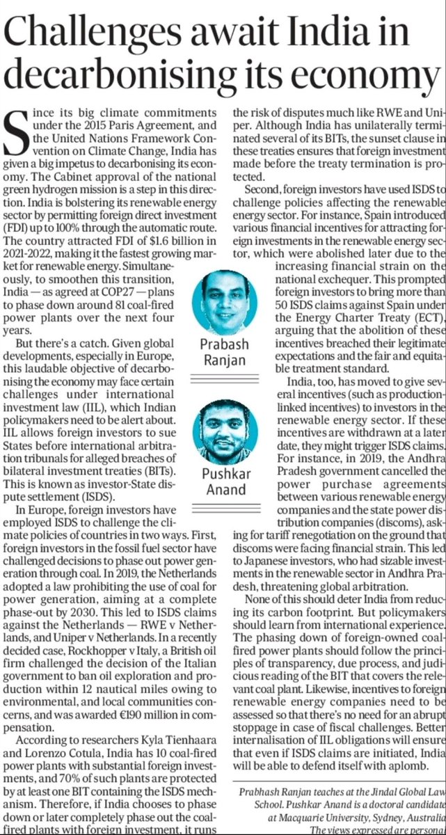 Here is an opinion piece discussing the possibility of fossil-fuel ISDS disputes, as India gears up for decarbonizing the economy, penned by Dr. @pranjan12781 and SAU Alumnus @pushkararathore  for the Hindustan Times.  #KnowledgeWithoutBorder #SAUAlumni
hindustantimes.com/opinion/challe…