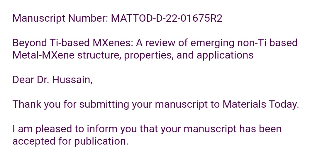 Our article has been accepted for publication in @MaterialsToday (IF 26.943).

@ElsevierConnect
@ELSchemistry

#mxenes 
#mxene #2dmaterials #phdlife #phdchat #phdvoice #AcademicTwitter #AcademicChatter