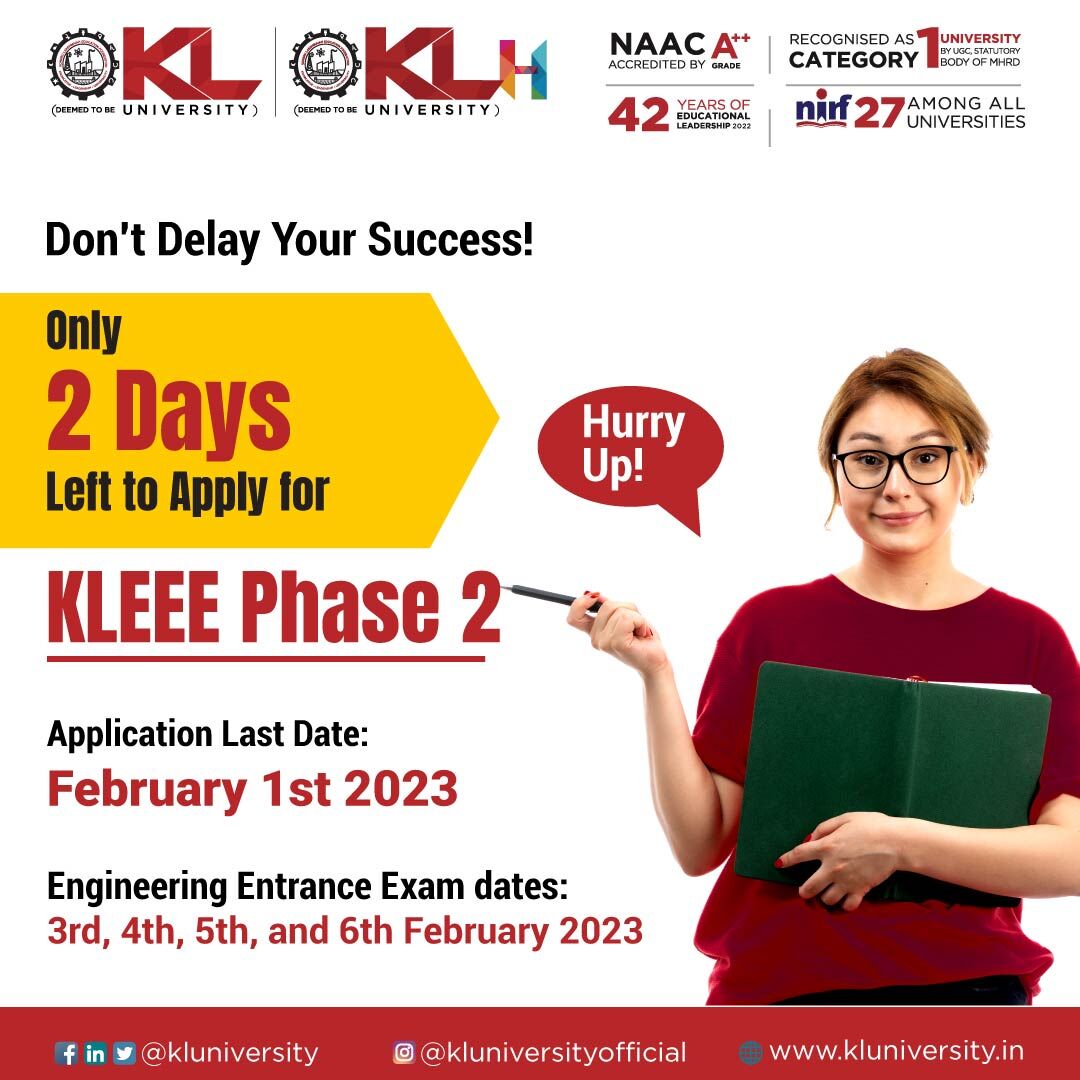 vidyavision_com's tweet photo. Last 2 Days Left to Apply KLU UG Courses Admission  for the Academic Year 2023.Hurry Up!

Click Here: https://t.co/J7QtJ8lvbQ

#KLU #KLUniversity #University #Admissions #KLUUG #KLU2023 #Vidyavision https://t.co/2hB634zwej