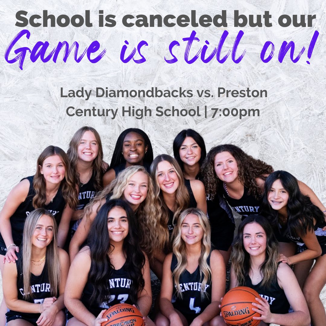School is canceled Tuesday, January 31, however our scheduled district game is still happening! 7:00 pm at Century High School! Come cheer on your favorite Diamondback!! 

Lady Diamondbacks 
Vs
Preston Indians