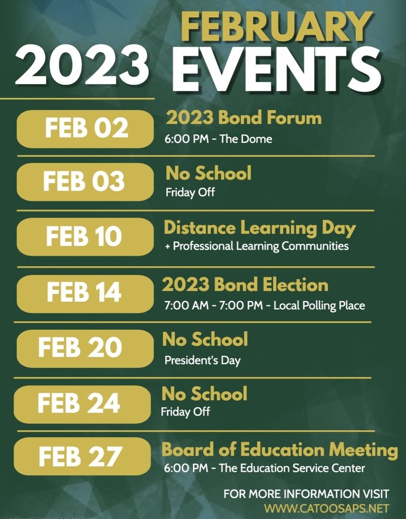 ICYMI...district-wide major events for the month of February. We would love to see you at the 2023 Bond Forum (weather permitting).