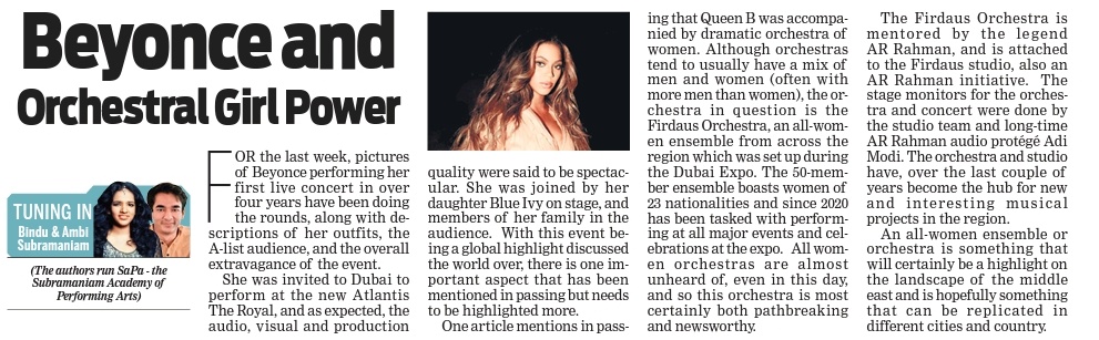 Musicians and writers <a href="/bindusub/">Bindu Subramaniam</a> and <a href="/AmbiSub/">Ambi Subramaniam</a> add to their column 'Tuning In' with a piece about <a href="/Beyonce/">BEYONCÉ</a> and <a href="/FirdausOrch/">Firdaus Orchestra</a>, the all-women ensemble that accompanied her for her private show in Dubai

<a href="/santwana99/">santwanabhattacharya</a> <a href="/Cloudnirad/">Nirad Mudur</a> <a href="/NewIndianXpress/">The New Indian Express</a> <a href="/tniefeatures/">TNIE Features</a>