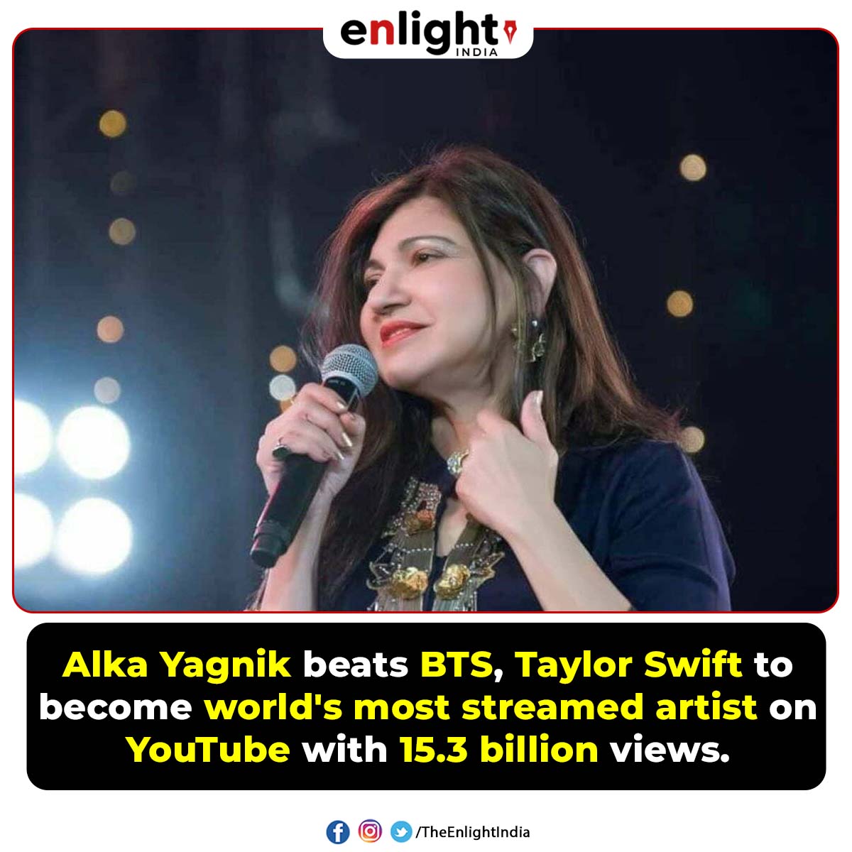 TheEnlightIndia's tweet photo. Alka Yagnik beats BTS, Taylor Swift to become world's most streamed artist on YouTube with 15.3 billion views.
#alkayagnik #singer #youtube #moststreamedartist #BTS #taylorswift #billion #Enlightindia https://t.co/u2aOdqnK2Y
