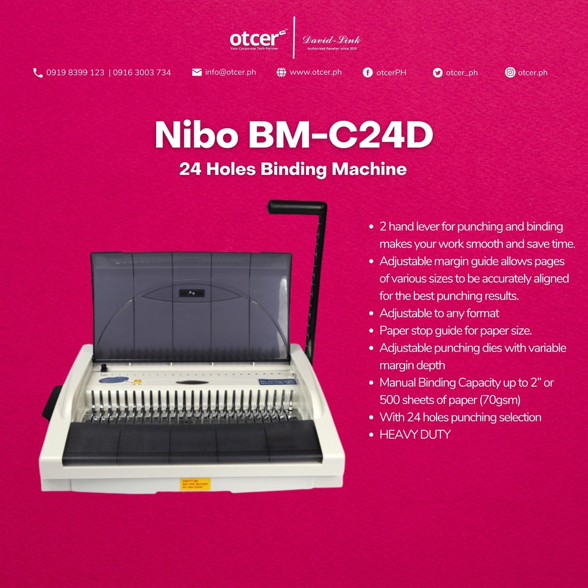 otcer_ph's tweet image. Easily create professional-looking documents with the Nibo BM-C24D 24 holes binding machine, perfect for any office or personal use.

Nibo BM-C24D
Php 14,890.00

#NiboBM-C24D #BindingMachine #24Holes #OfficeSupplies #DocumentFinishing #BookBinding #Efficiency #Productivity