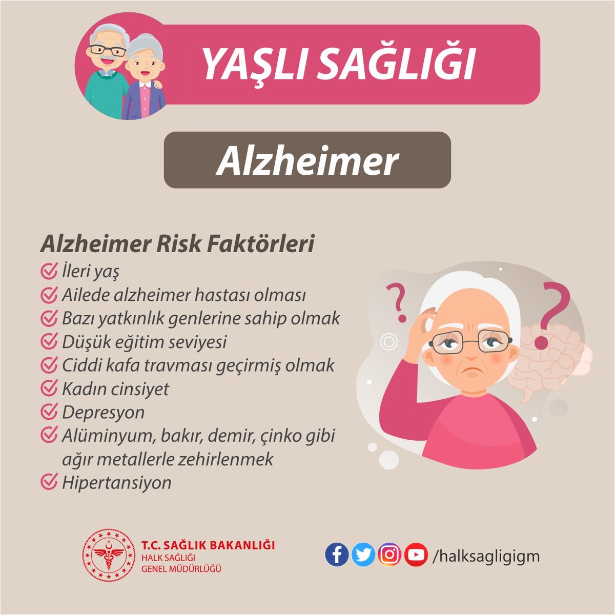 Alzheimer, yaşlılıkla beraber ortaya çıkan ve başta unutkanlık olmak üzere; çeşitli zihinsel ve davranışsal bozukluklara yol açan, günlük yaşam aktivitelerini etkileyen ilerleyici bir beyin hastalığıdır.
#YaşlıSağlığı
#Alzheimer