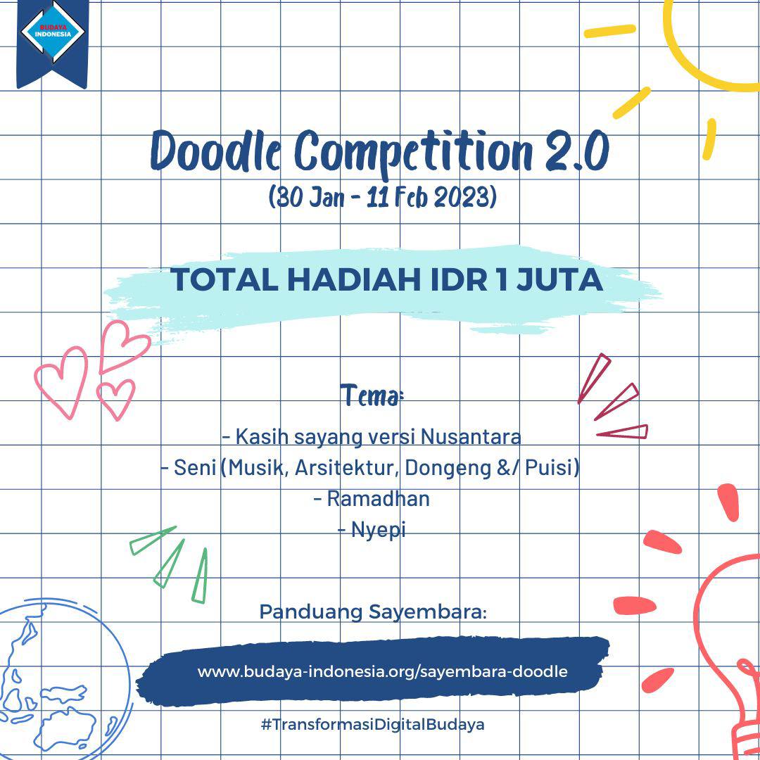 Ada yang sudah ikutan? Ajak teman kamu juga buat ikutan &amp; dapetin hadiah TOTAL SALDO E-WALLET Rp1.000.000! 😍

Periode 30 Jan-11 Feb &amp; pemenang akan diumumkan pada 13 Feb 2023 di IG @budayaindonesiaorg! Semoga kamu beruntung!

#SayembaraPDBI #TransformasiDigitalBudaya