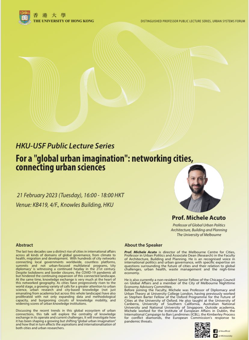 Looking forward to visiting #HongKong 🇭🇰 &amp; <a href="/HKUniversity/">The University of Hong Kong</a> later this month not least to do this in the Faculty of Architecture and <a href="/dupadhku/">HKU Department of Urban Planning and Design</a> on the global urban imagination of city networks. Pop by if you’re about.

arch.hku.hk/event_/global-…