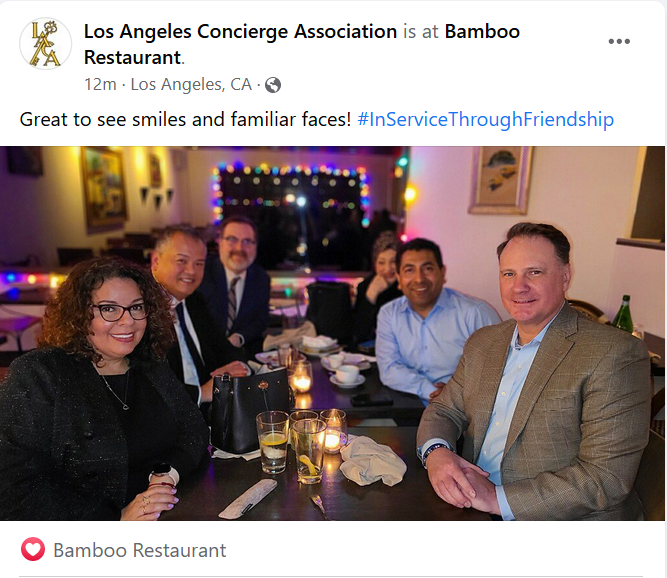 BambooRestaurnt's tweet photo. Thank you to the #LosAngelesConciergeAssociation for dinning with us. Hope you enjoyed your dinner and drinks. Looking forward to serving you again and your guests in the near future @BambooRestaurnt 

#lesclefsdor #LesClefsDorLA #hotelconcierges #BambooRestaurant #GourmetCuisine https://t.co/4yBZNKW6fK