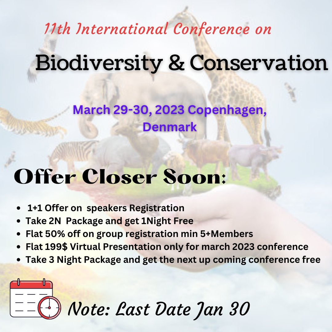 TechORate1's tweet image. 11th International #Conference on #Biodiversity &amp;amp; #Conservation ,March 29-30, 2023 at #Copenhagen #Denmark
For more details visit: …ersity-ecosystem.conferenceseries.com 
WhatsApp us at +44 7360538394
Interested candidates mail us at davidrajsmith24@gmail.com