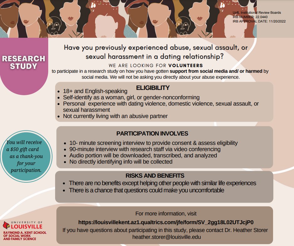 We are recruiting volunteers for a research study about how social media has supported and/or harmed survivors of gender-based violence. See if you might qualify at: louisvillekent.az1.qualtrics.com/jfe/form/SV_2g…
#domesticviolenceawareness #domesticabuse #dvsurvivor #domesticviolenceprevention