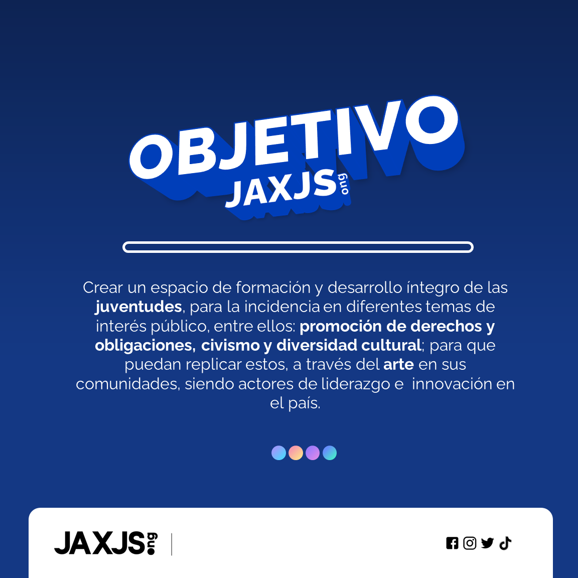 JAxJS_ong's tweet photo. Hoy te compartimos el objetivo por el cual nos movemos en JAxJS #JAxJS #Art https://t.co/6KGdi1tyV6