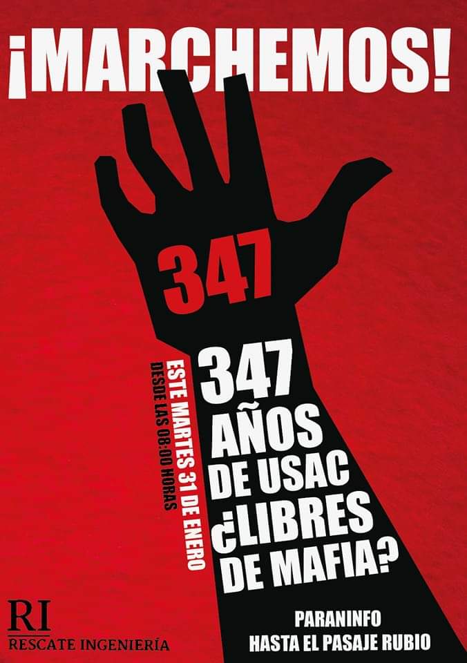 RescateIng's tweet photo. ¡MARCHEMOS!

Por estos 347 años de la gloriosa Universidad San Carlos de Guatemala.

📅 Martes 31 de Enero.
⏰ Desde las 8:00 a.m.
📍 Del paraninfo hasta el Pasaje Rubio. https://t.co/fFiWCD3xPs