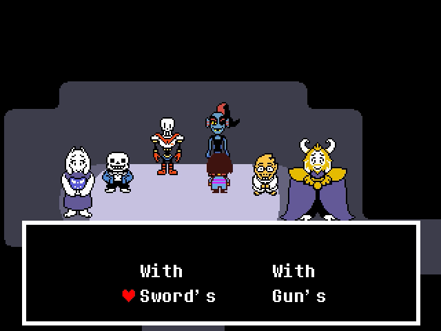 MarnieLovesYou's tweet photo. In both UNDERTALE and Deltarune, the word Guns is almost consistently spelt with an apostrophe for no fucking reason other than Toby probably thinks is funny https://t.co/pLSVNYUMG4