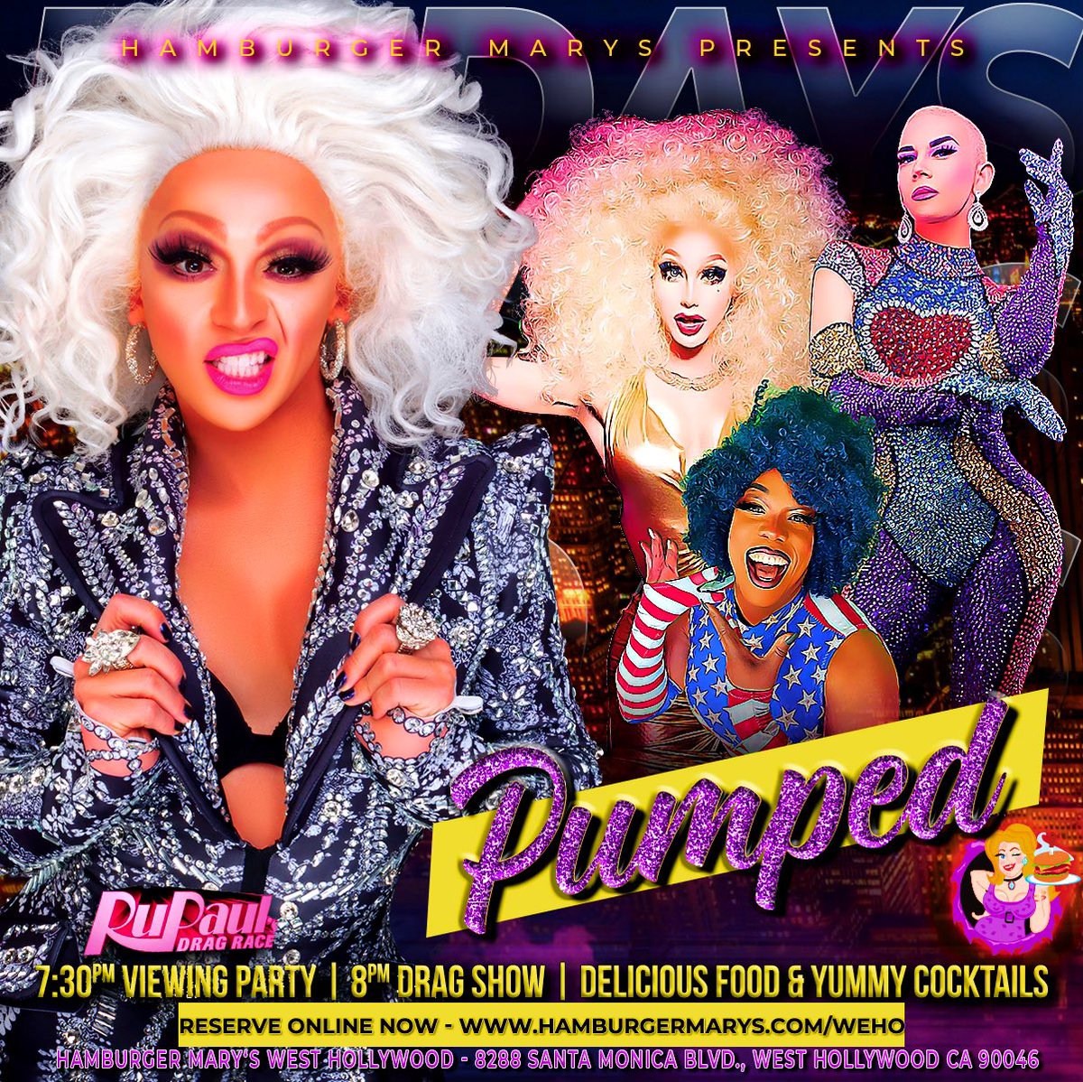 Friday nights RUPAULS
DRAG RACE VIEWING PARTY is about to get PUMPED!! 7pm Viewing Party &amp; 8pm Drag Show featuring Misty Violet, Barbie’s Addiction and Afrika America!
Hosted by the amazing Allusia!
MAKE RESERVATIONS ONLINE NOW!