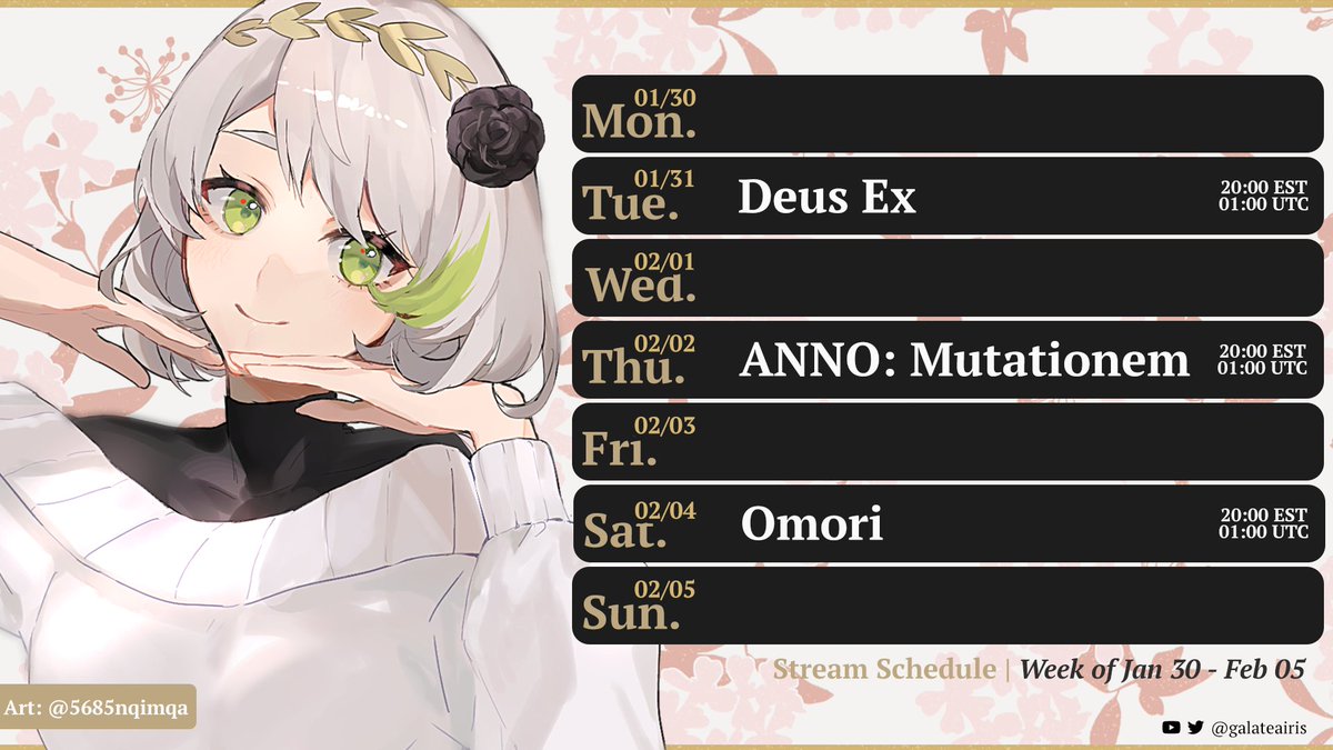 galateairis's tweet photo. [SCHEDULE 01/30 - 02/05]

As I post this schedule, my mind is completely filled with the thoughts of eating garlic eggplant... I've become a person unable to do anything else... H-have a good  week... -dies of hunger- https://t.co/kRSJnDzotB
