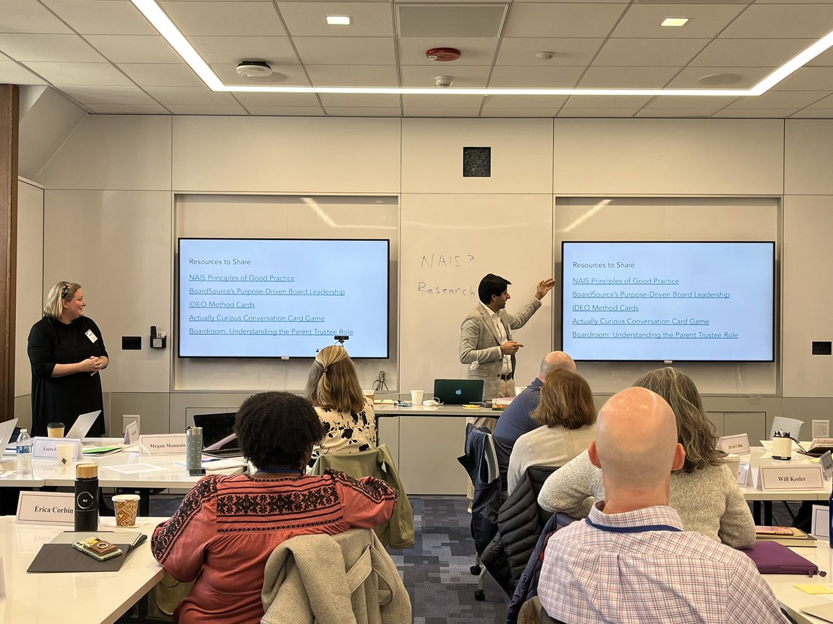 rikdugan's tweet photo. Thank you to Lauren Rogers &amp; Ahmed Najm from @vupeabody for today’s session on building a strong governance structure utilizing @NAISnetwork data and research @KlingensteinCtr #HeadsFellows23 #indyschools #leaderlearning #creative #leadership https://t.co/ff6qWF2BsW