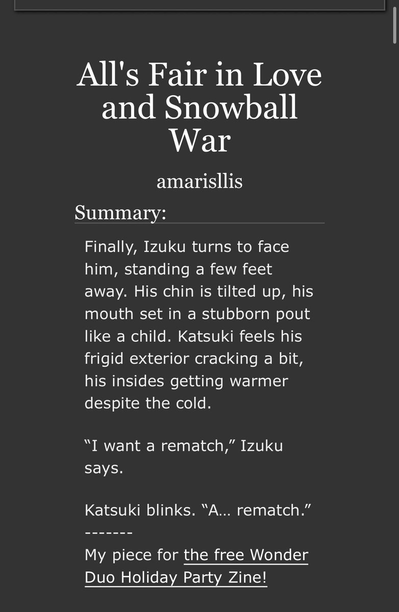 amarisllis's tweet photo. Can finally share my piece from the Wonder Duo Holiday Party Zine!! I had a blast writing this one🥰 

All’s Fair in Love and Snowball War

#bkdk [rated G, holiday fluff, established r/s, idiots in love]

The Wonder Duo, a rare snowday, and a rematch many years overdue. (Link⬇️) https://t.co/rk7LaSJTLH