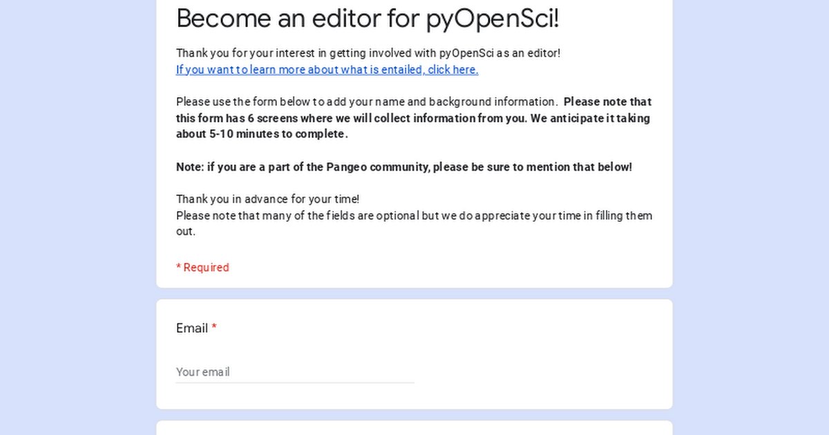 Hi Friends - we are once again looking to grow our #opensource #python software peer review editor team at pyOpenSci. 

We are interested in folks with experience working with pandas / geopandas, and data frames but all are welcome to apply! 

If you… dlvr.it/ShhgT6