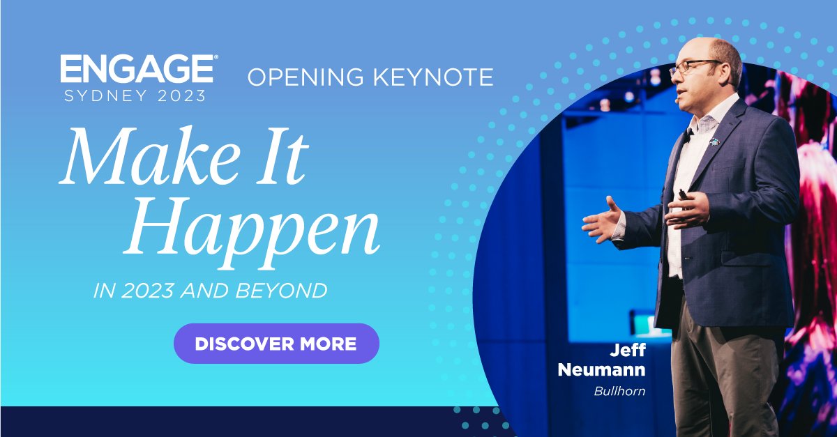 The Opening Keynote address at Engage Sydney will be Bullhorn's VP of Product Marketing, Jeff Neumann! 

Discover more about his keynote today and purchase your ticket to Engage Sydney today! bit.ly/3Dry1Tj

#BullhornEngage #recruitment #bullhornapac