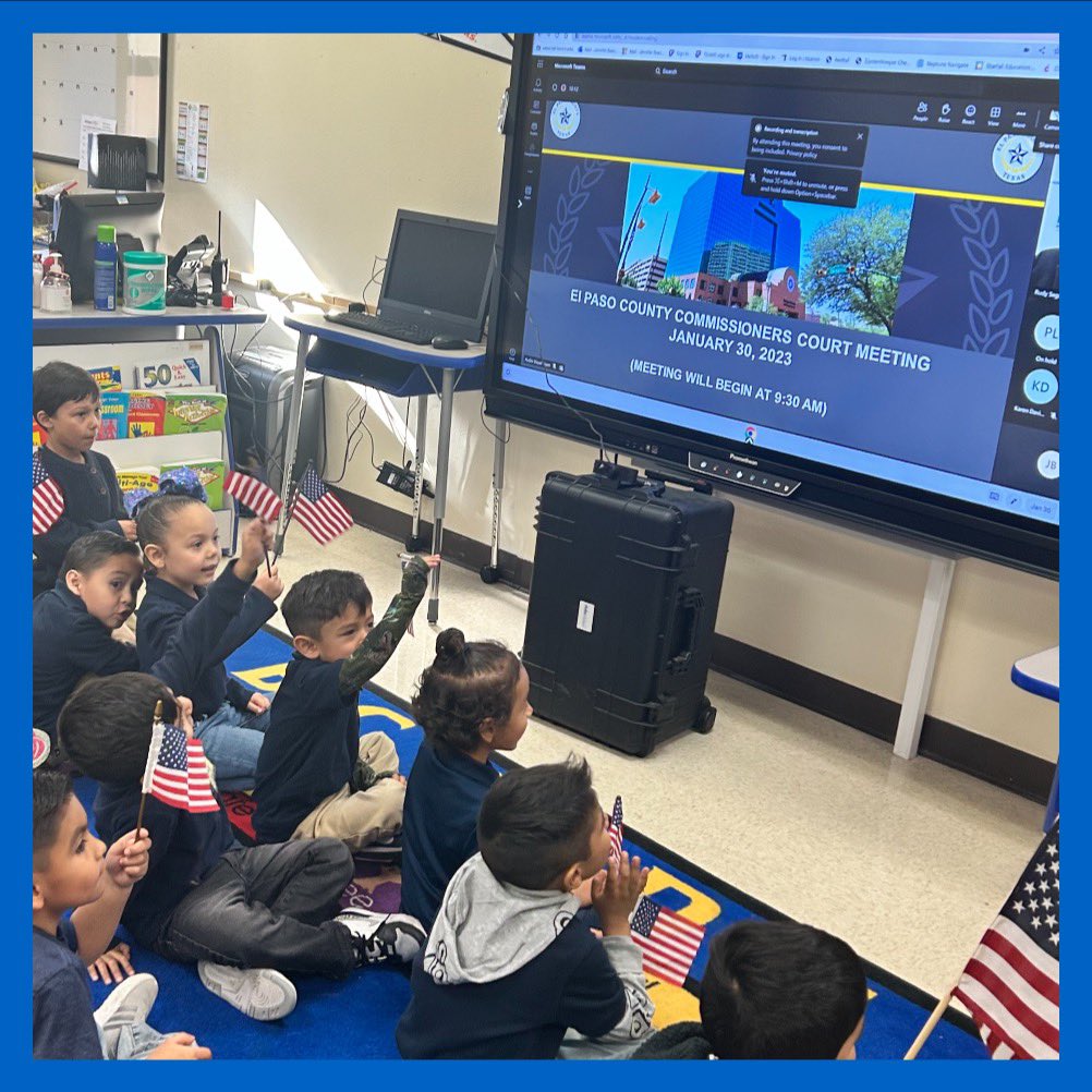 BESRams_SEISD's tweet photo. What a wonderful way to start  Monday morning with having our little Eagles recite the Pledge of Allegiance and the Texas Flag for El Paso Commissioners Court! County judge Samaniego could feel the students energy, they made his morning brighter! @SanElizarioISD #ourPrekrocks https://t.co/ANHmF9S8Ad