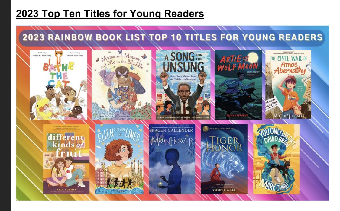 Congrats, ⁦<a href="/matokah/">A. J. Sass - Updates mostly</a>⁩! #EllenOutsideTheLines is in amazing company on the Rainbow List, and a top ten title! So many beautiful books centering LGBTQ+ kids and experiences. ❤️🏳️‍🌈📚 ⁦<a href="/thejordache/">Jordan Hamessley</a>⁩ ⁦<a href="/lbschool/">LBYR School & Library</a>⁩
