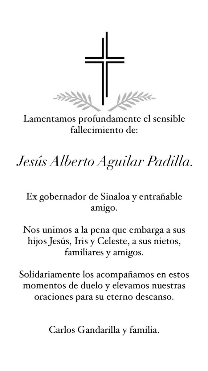 CGandarillaG's tweet photo. Lamentamos profundamente el sensible fallecimiento de Jesús Alberto Aguilar Padilla. 

Toda nuestra solidaridad y cariño con sus hijos Iris, Celeste y Jesús, nietos, familiares y amigos. https://t.co/K4cmb0ILIk